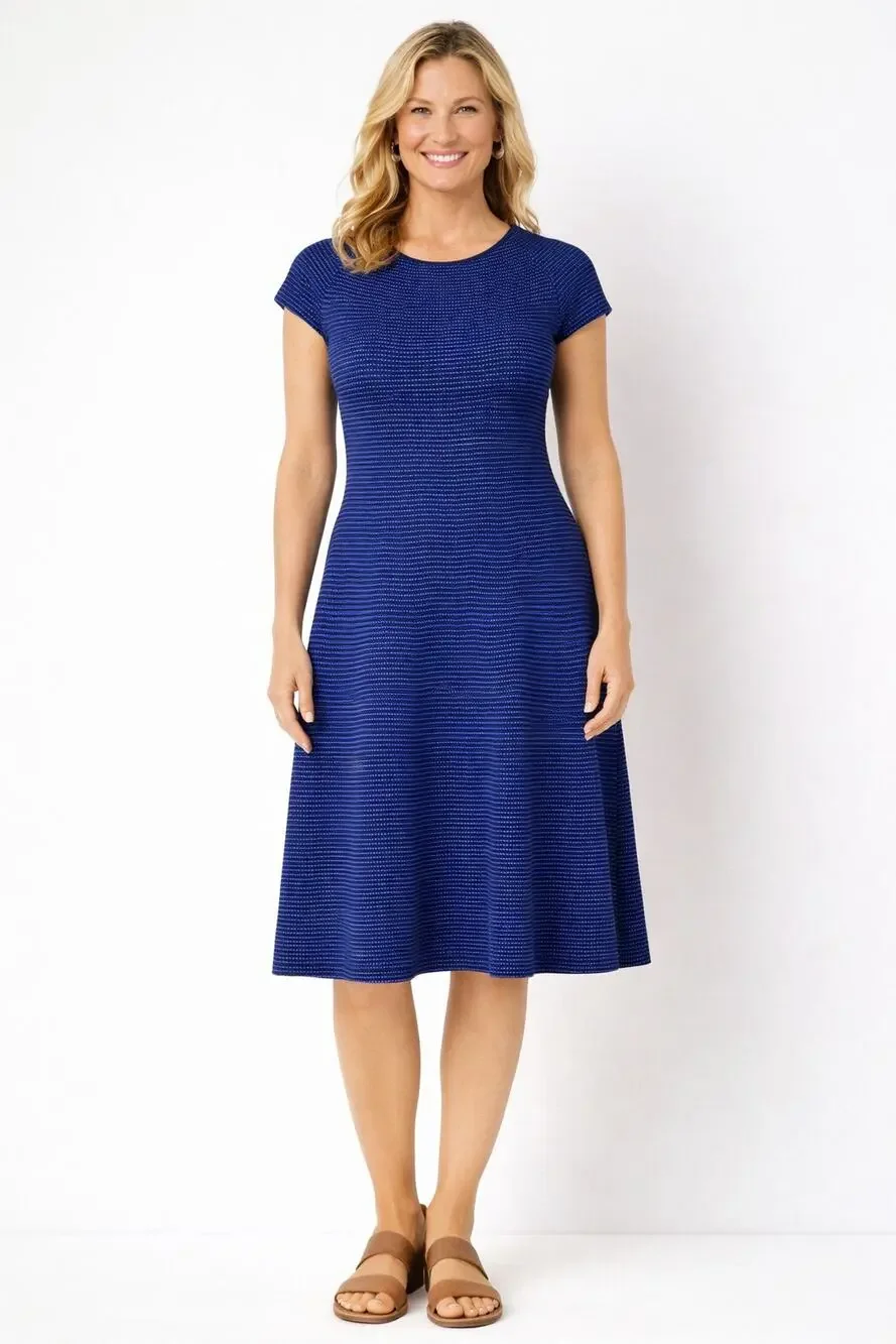 Escada Womens Blue Short Cap Sleeve A Line Dress Round Neck Knit Size XL Black